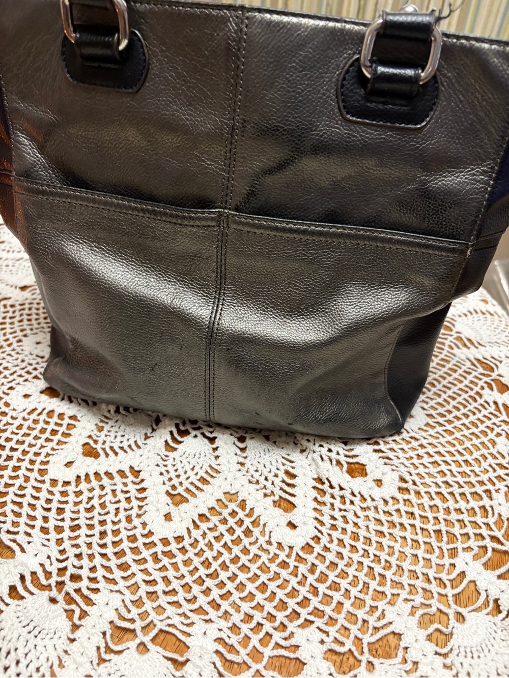 Tignanello Black and Silver Leather Messenger Tote